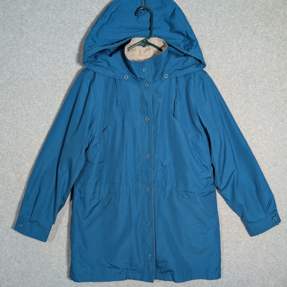 London Fog Jacket Womens Size 10 Teal Blue Hooded Faux Fur Lined Utility Vintage